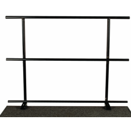 Geländer: Die Geländer sind 107 cm hoch. Folgende Längen sind verfügbar: 76 cm, 91 cm und 122 cm. Alle Geländer sind mit einem Stuhlstopp und einem Mittelgeländer ausgerüstet. Die Geländer werden mit strapazierfähigen Klemmen an den Bühnen befestigt.