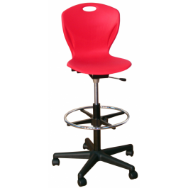 höhenverstellbarer Drehstuhl mit Fußring, abgebildet Modell DL9A, Sitzschale Rubinrot, 5-armiges Rollengestell