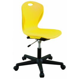 Höhenverstellbarer Drehstuhl, abgebildet Modell DP9A, Sitzschale Gelb, 5-armiges Rollengestell
