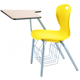 Stuhl mit Schreibtablar, abgebildet Modell D25A mit Bücherkorb, Sitzschale Gelb, Gestell Titan, Arbeitsplatte Ahorn