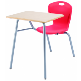 Stuhl mit Tischplatte, abgebildet Modell D70A, Sitzschale Rubinrot, Gestell Titan, Tischplatte Wildbirne