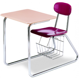 Stuhl mit Kufengestell und viereckiger Tischplatte, abgebildet Modell H057 mit Bücherkorb, Sitz- und Rückenlehne Rot, Gestell Chrom