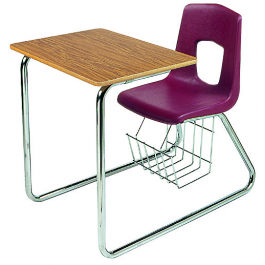 Stuhl mit Kufengestell und Tischplatte, Modellreihe Basis, abgebildet Modell 785 mit Bücherkorb, Sitzschale Burgundrot, Gestell Chrom, Tischplatte Teak