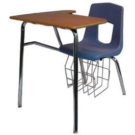 Stuhl mit Tischplatte, Modellreihe Basis, abgebildet Modell L45 mit Bücherkorb, Sitzschale Royalblau, Gestell Chrom, Tischplatte Buche