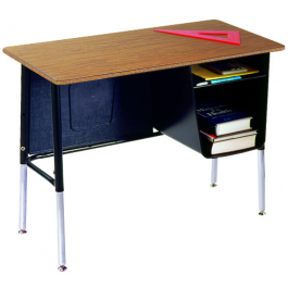 Schülertisch höhenverstellbar mit Bücherbox, abgebildet Modell 210, Tischplatte Buche, Bücherbox und Blende Schwarz, Gestell Chrom