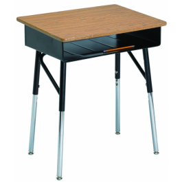 Schülertisch höhenverstellbar, abgebildet Modell 950, Tischplatte Teak, Stahl- Bücherbox Schwarz, Gestell Chrom