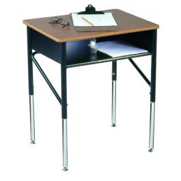 Schülertisch höhenverstellbar, abgebildet Modell CS500, Tischplatte Walnuß, Stahl-Bücherfach, Gestell Schwarz