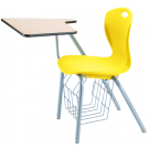 Stuhl mit Schreibtablar, abgebildet Modell D25A mit Bücherkorb, Sitzschale Gelb, Gestell Titan, Arbeitsplatte Ahorn