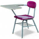 Stuhl mit Vierfuß-Gestell und Schreibtablar, abgebildet Modell H257, Sitz- und Rückenlehne Rot, Gestell Titan, Schreibtablar Grau