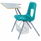 Stuhl mit Schreibtablar, Modellreihe Basis, abgebildet Modell 725 mit Bücherkorb, Sitzschale Royalblau, Gestell Titan, Schreibtablar Grau