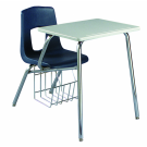 Stuhl mit Schreibtablar, Modellreihe Basis, abgebildet Modell 745 mit Bücherkorb, Sitzschale Marineblau, Gestell Chrom, Tischplatte Grau
