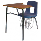 Stuhl mit Tischplatte, Modellreihe Basis, abgebildet Modell L45 mit Bücherkorb, Sitzschale Royalblau, Gestell Chrom, Tischplatte Buche
