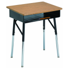 Schülertisch höhenverstellbar, abgebildet Modell 950, Tischplatte Teak, Stahl- Bücherbox Schwarz, Gestell Chrom