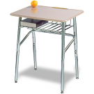 Schülertisch höhenverstellbar, abgebildet Modell 998D, Tischplatte Wildbirne, Draht-Bücherbox Chrom,Gestell Chrom