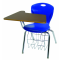 Stuhl mit Schreibtablar, abgebildet Modell D25X mit Bücherkorb, Sitzschale Royalblau, Gestell Chrom, Arbeitsplatte Walnuss