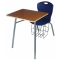 Stuhl mit Tischplatte, abgebildet Modell D75A mit Bücherkorb, Sitzschale Royalblau, Gestell Chrom, Tischplatte Mahagoni