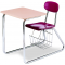 Stuhl mit Kufengestell und viereckiger Tischplatte, abgebildet Modell H057 mit Bücherkorb, Sitz- und Rückenlehne Rot, Gestell Chrom