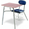 Stuhl mit Tischplatte, abgebildet Modell H457, Sitz- und Rückenlehne Blau, Gestell Chrom, Schreibtablar Ahorn