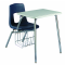 Stuhl mit Schreibtablar, Modellreihe Basis, abgebildet Modell 745 mit Bücherkorb, Sitzschale Marineblau, Gestell Chrom, Tischplatte Grau