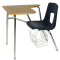 Stuhl mit Tischplatte, Modellreihe Basis, abgebildet Modell L45 mit Bücherkorb, Sitzschale Schwarz, Gestell Chrom, Tischplatte Wildbirne
