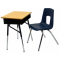Schülertisch höhenverstellbar, abgebildet Modell 950 mit Stuhl Basis, Tischplatte Wildbirne, Stahl- Bücherbox Schwarz, Gestell Chrom